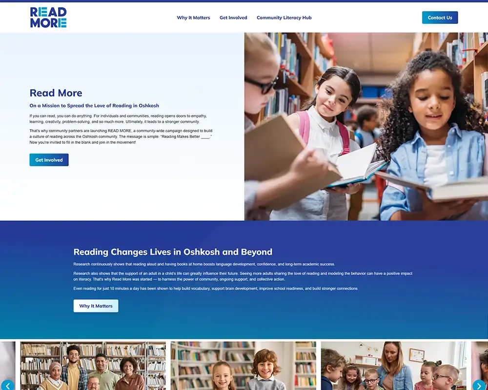 Screenhot of the website design for Read More Oshkosh.